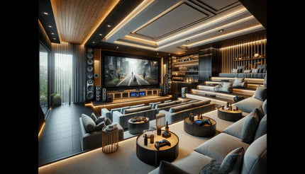 A luxurious home theater with tiered seating, a massive projector screen, and sleek modern decor.