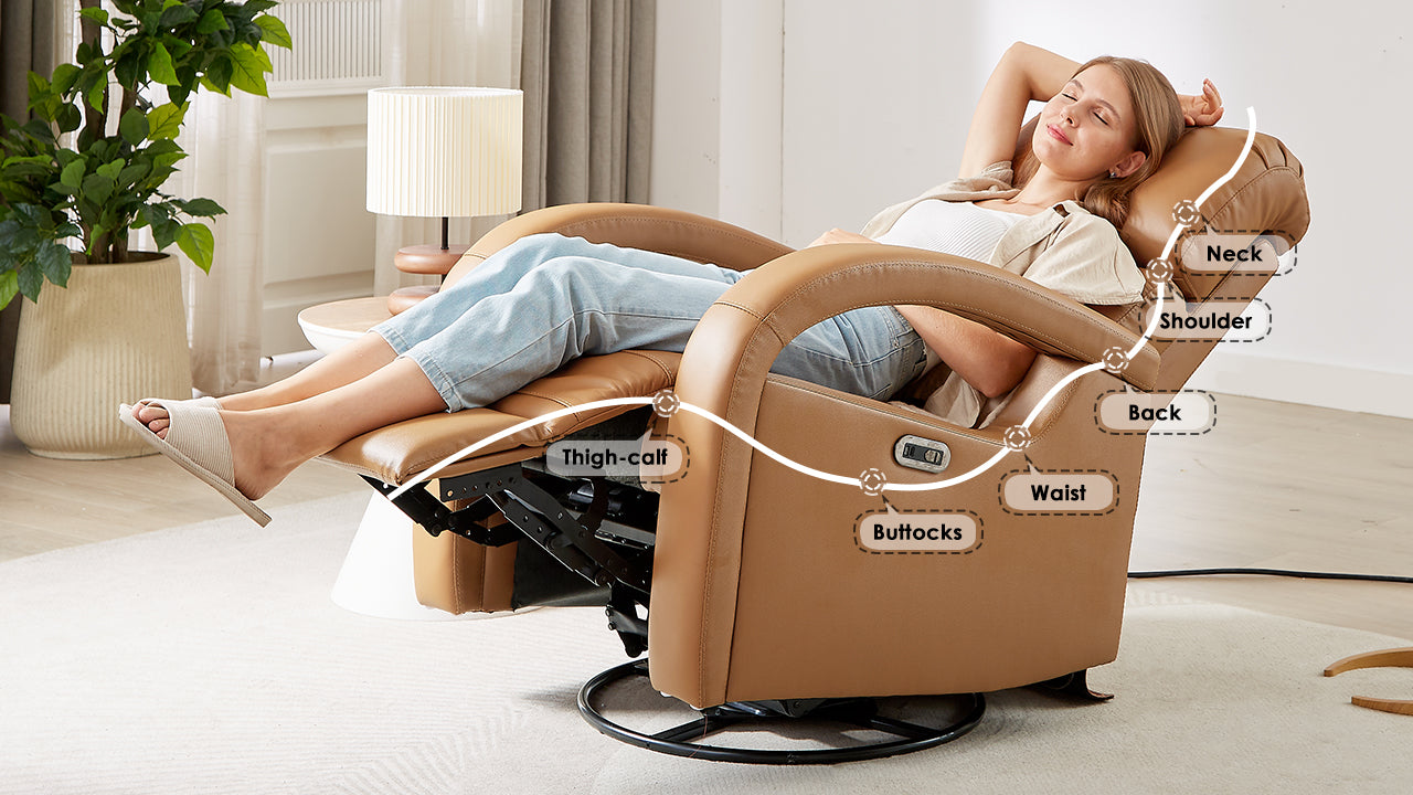 Woman relaxing in a tan leather recliner