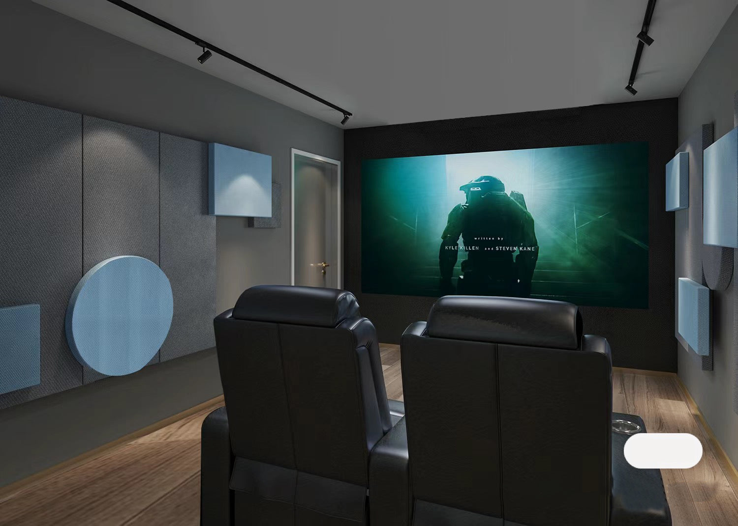 Modern home theater room with accent lighting and wall art