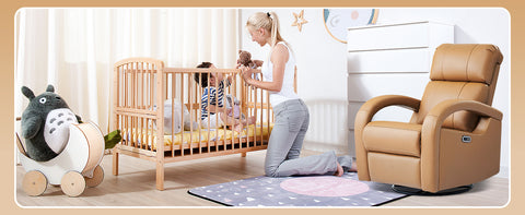 Tan swivel recliner in a nursery setting, suggesting its suitability for parents and small spaces